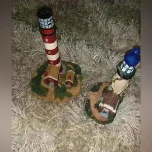 Vintage Figurine White Green Ivy Roses Cobblestone Path Lighthouse and Red Wangs